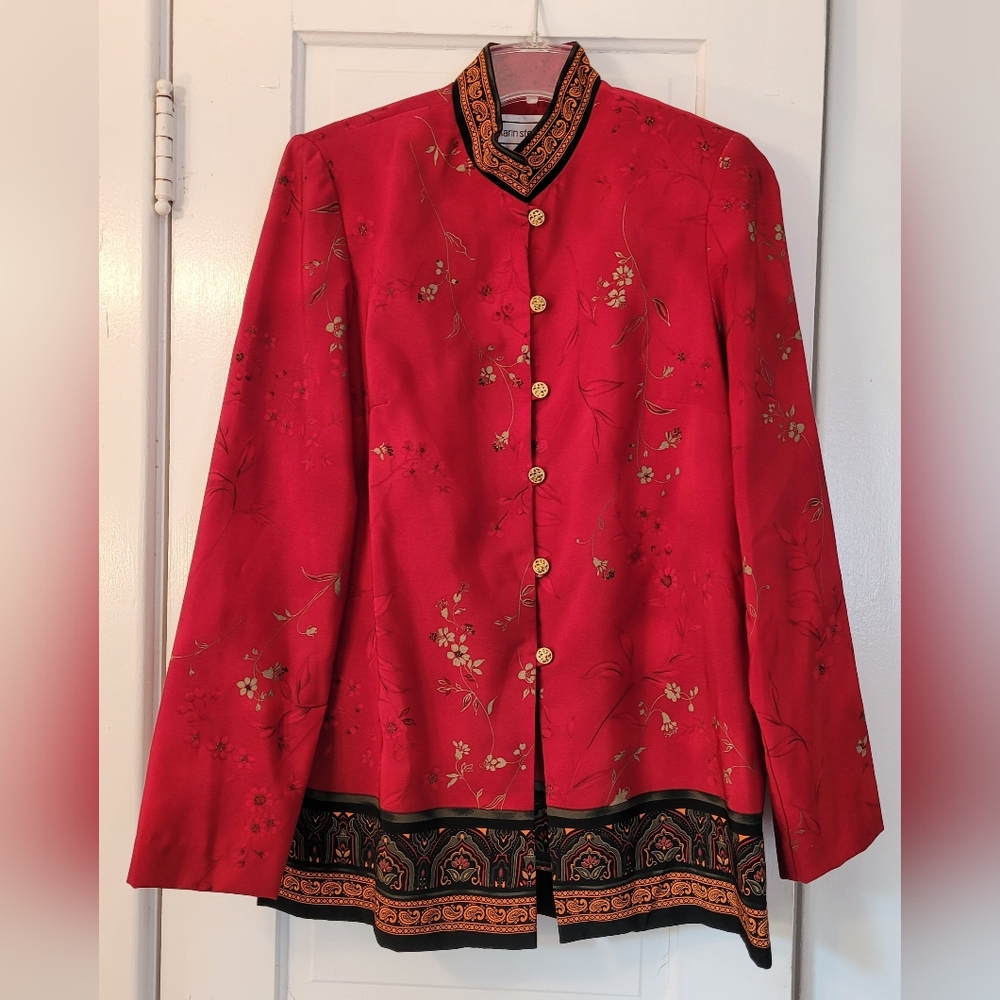 Karin Stevens Kimono Top Button Up Women's 10T Tall Red Floral Poly